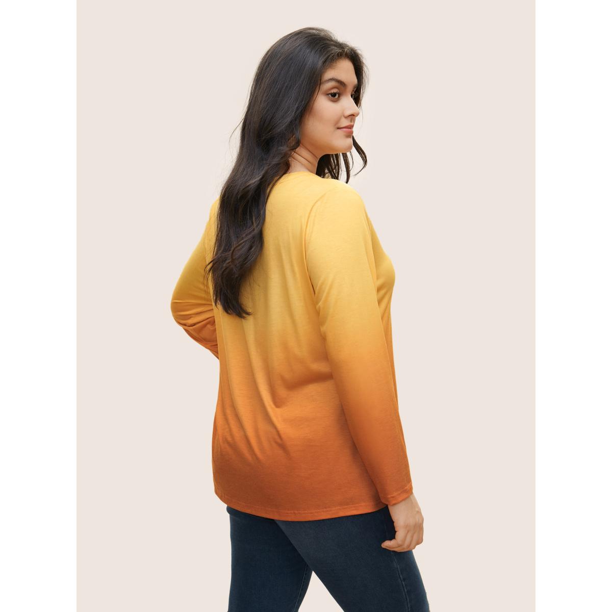 Plus Size Ombre Contrast Button Up T-shirt Yellow Women Resort Contrast Ombre V-neck Vacation T-shirts BloomChic 22-24/3X Product Image