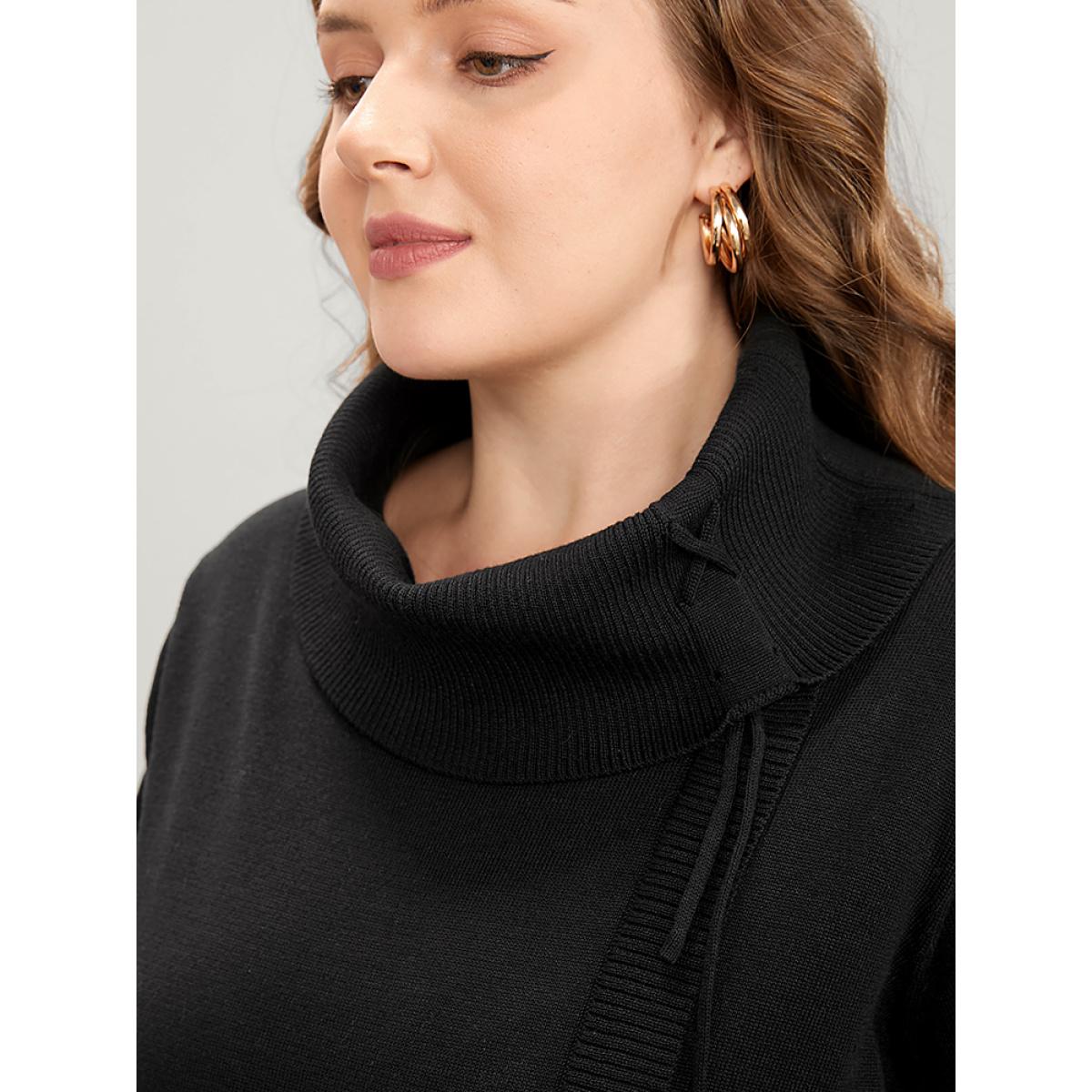 Plus Size Solid Super Soft Knit Tie Funnel Neck Knit Top Black Women Elegant Long Sleeve Turtleneck Dailywear Pullovers BloomChic 22-24/3X Product Image