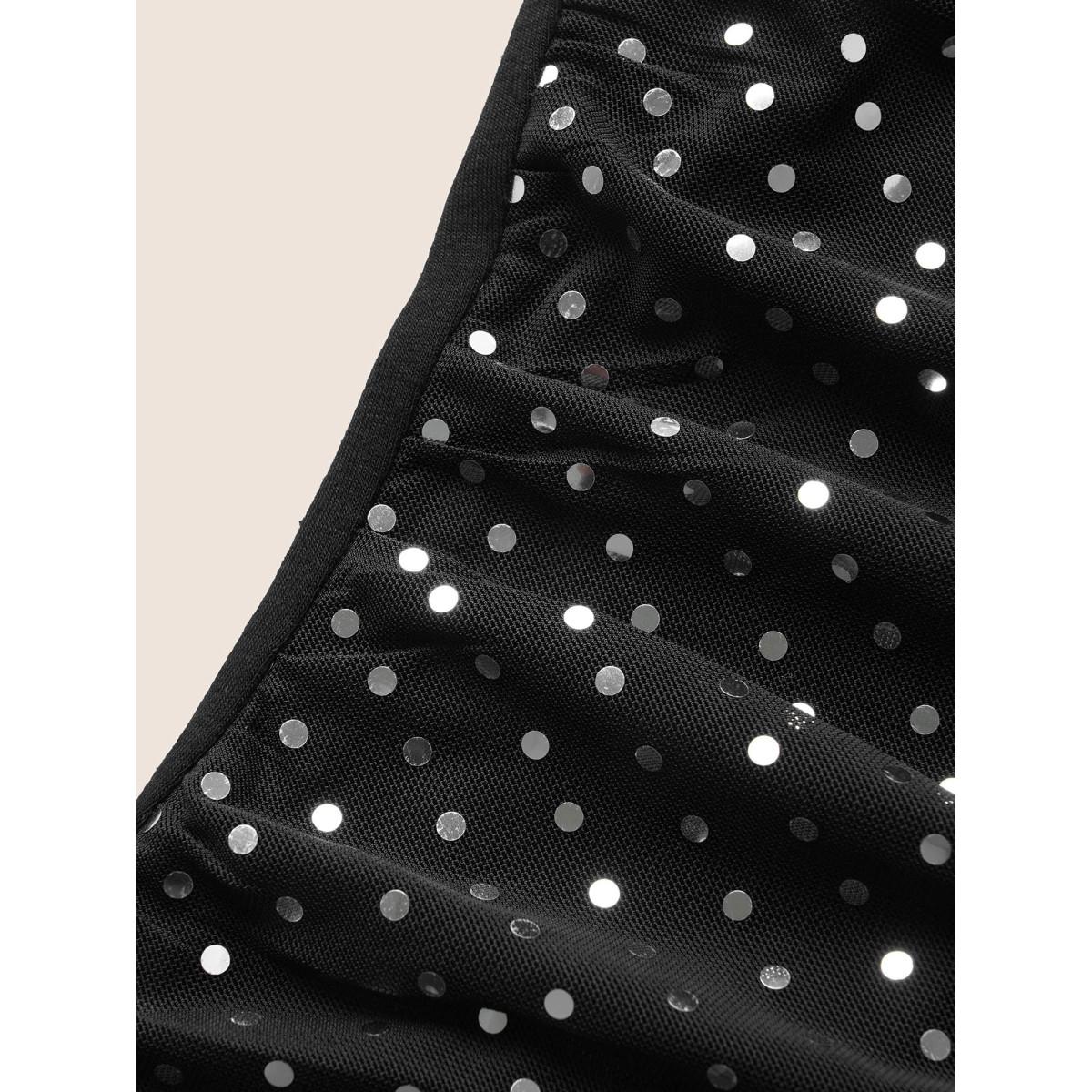 Plus Size Glitter Cowl Neck Patchwork Mesh Tank Top Women Black Cocktail Rhinestone detailing Round Neck Party Tank Tops Camis BloomChic 28/5X Product Image