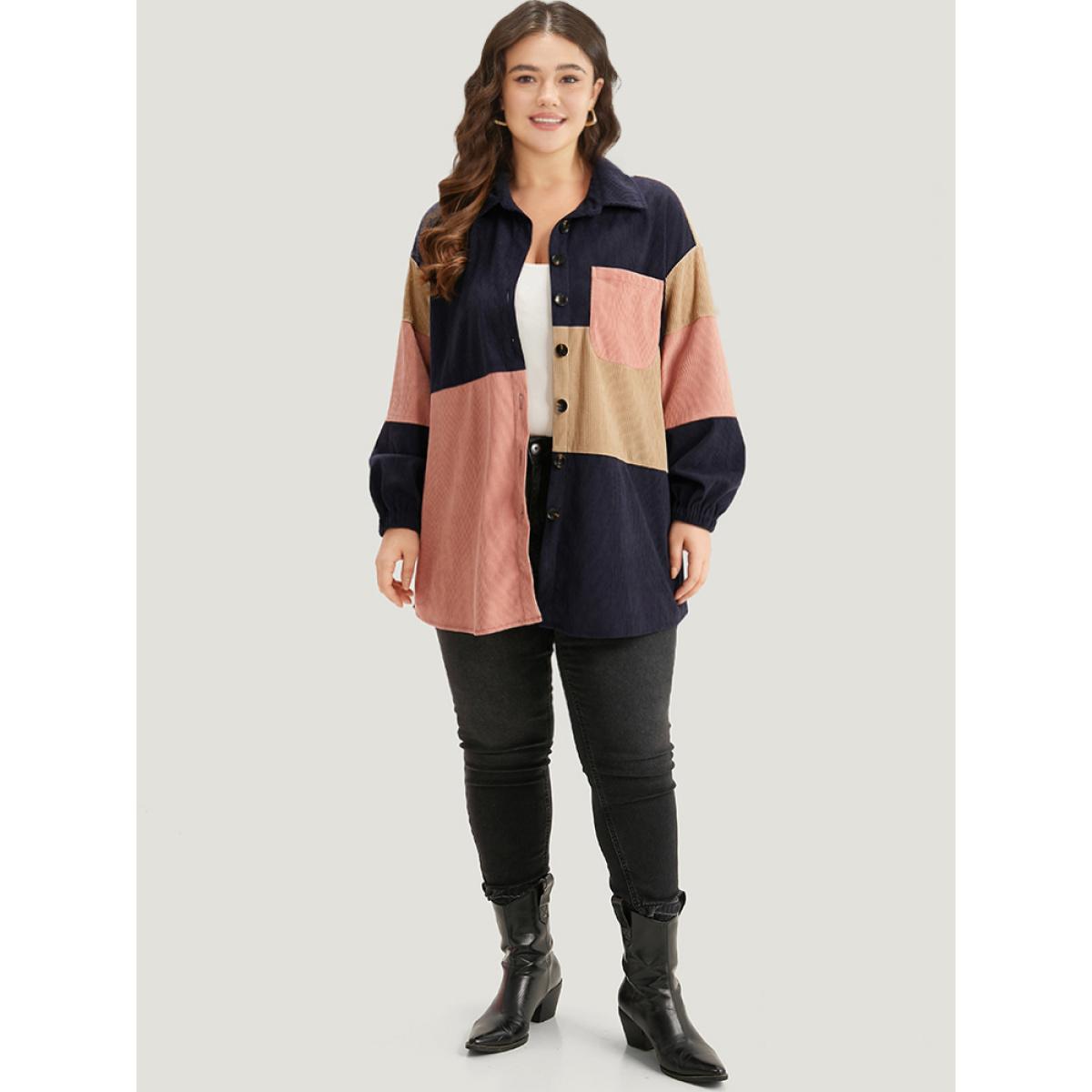 Plus Size Colorblock Contrast Patchwork Pocket Button Through Jacket Women DarkBlue Pocket Dailywear Jackets BloomChic 26/4X Product Image