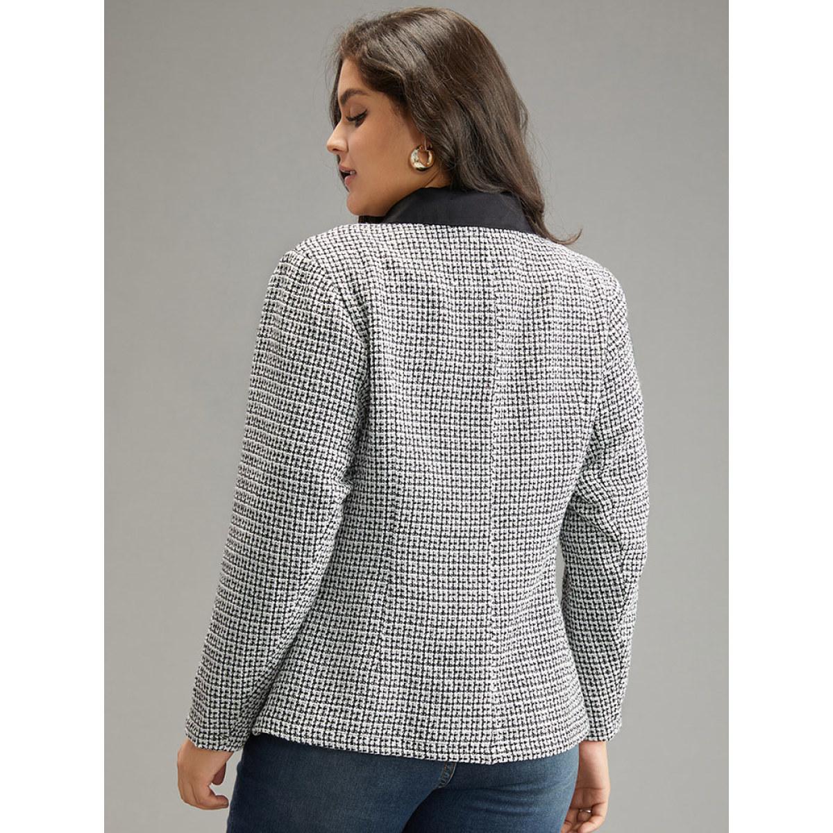Plus Size Houndstooth Lapel Collar Button Detail Blazer Black Women Work Houndstooth Contrast Sleeve Long Sleeve Lapel Collar 18-20/2X At the Office Blazers BloomChic Product Image