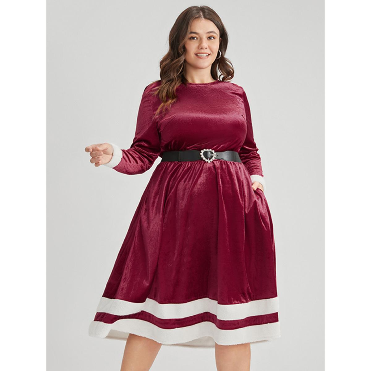 Plus Size Solid Contrast Fuzzy Trim Pocket Velvet Dress Scarlet Women Elegant Contrast Round Neck Long Sleeve Curvy Midi Dress BloomChic 14-16/1X Product Image