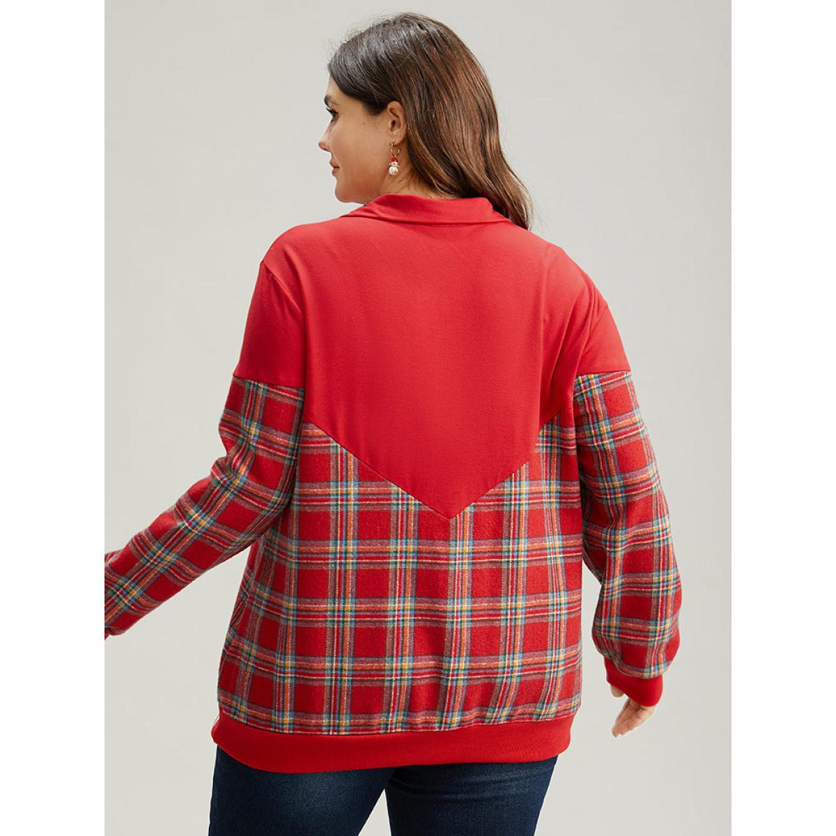 Plus Size Plaid Patchwork Zipper Lapel Collar Sweatshirt Women Red Casual Elastic cuffs Lapel Collar Festival-Christmas Sweatshirts BloomChic 14-16/1X Product Image