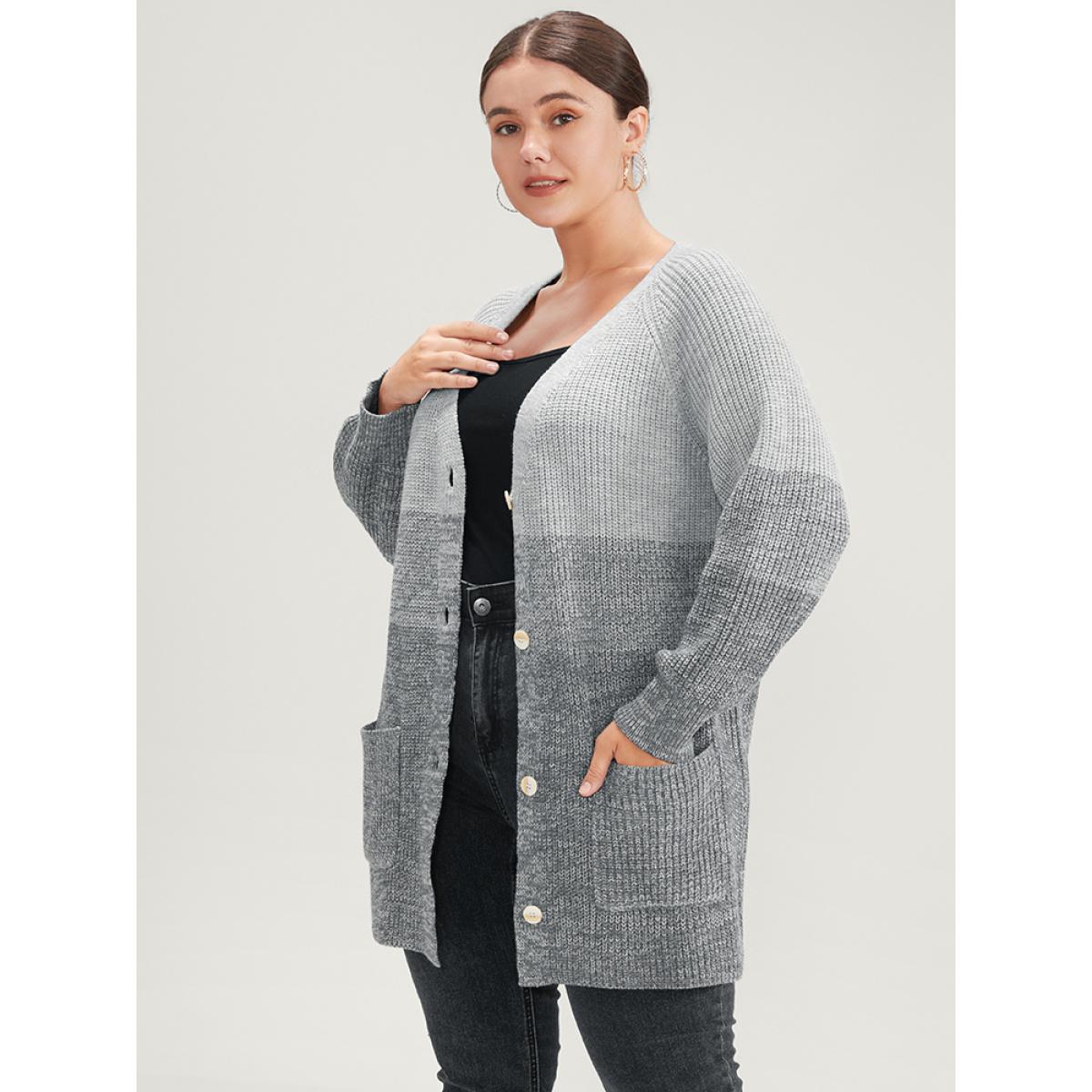 Plus Size Ombre Pointelle Knit Pocket Button Front Cardigan DimGray Women Elegant Loose Long Sleeve Dailywear Cardigans BloomChic 22-24/3X Product Image