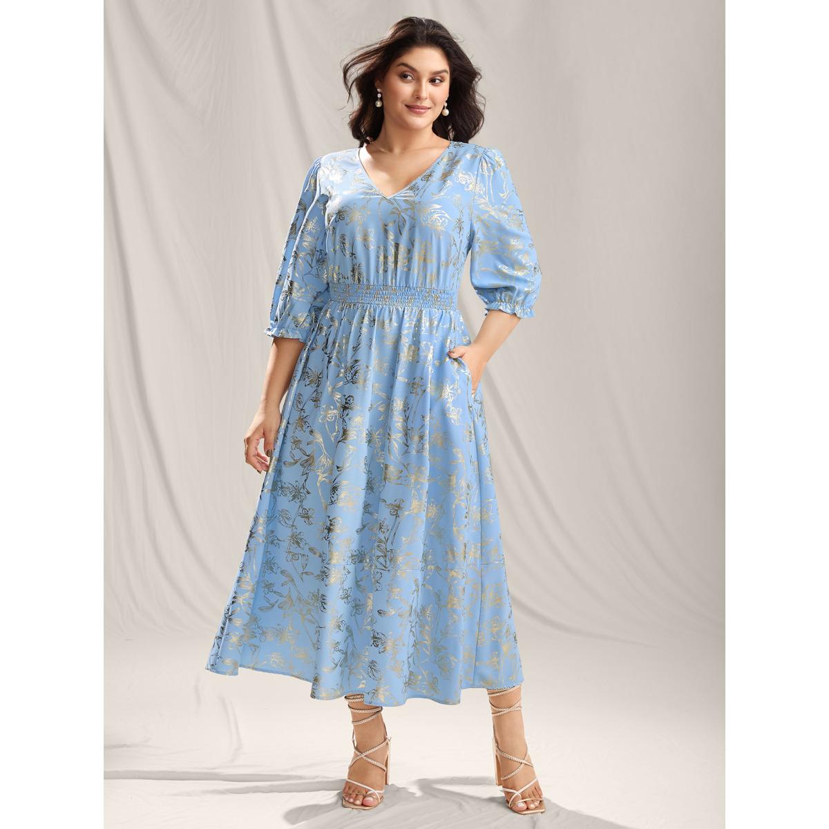 Plus Size Shimmery Textured Shirred Waist Maxi Dress LightBlue Women V-neck Elbow-length sleeve Curvy BloomChic 10/M Product Image
