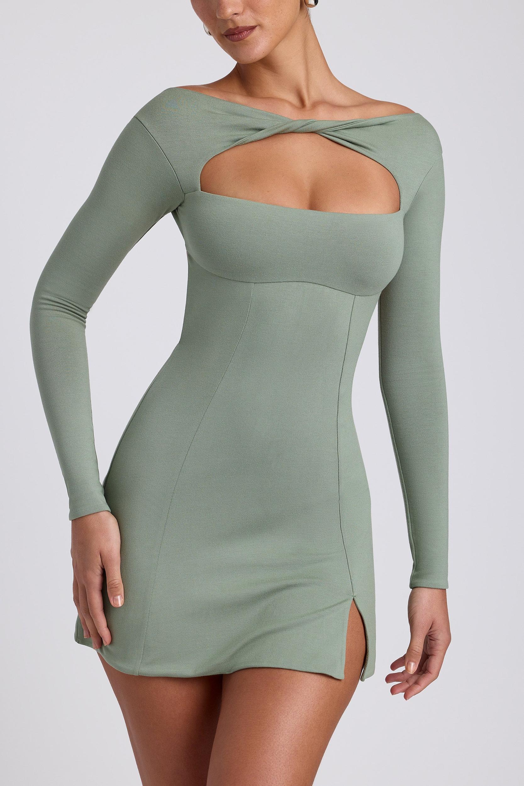 Modal Twist-Front Long-Sleeve Mini Dress in Sage Green Female Product Image