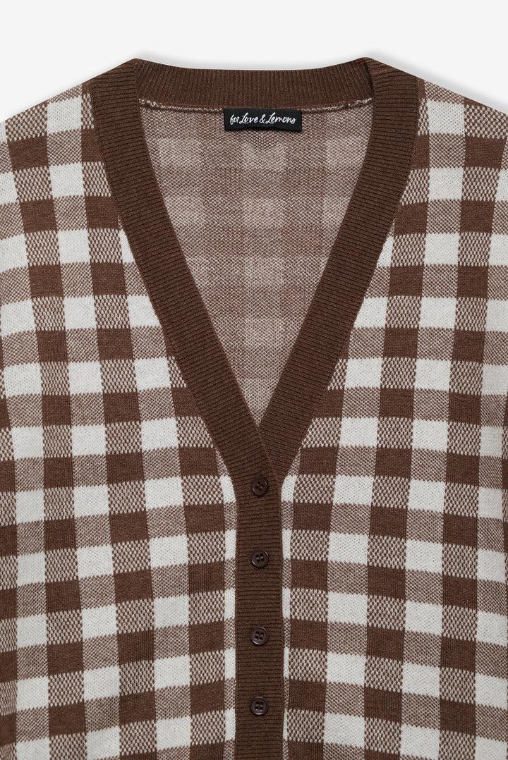 Gingham Knit Cardigan — Brown Product Image