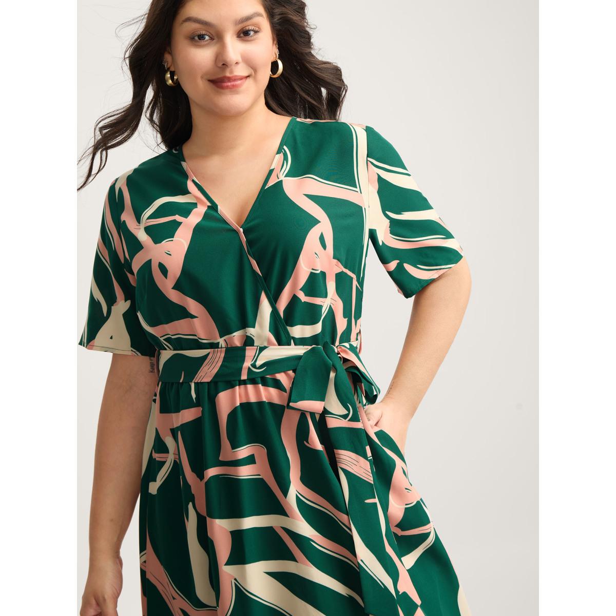 Plus Size Abstract Belted Side Slit Surplice Midi Dress Emerald Women Overlap Collar Short sleeve Curvy BloomChic 26/4X Product Image