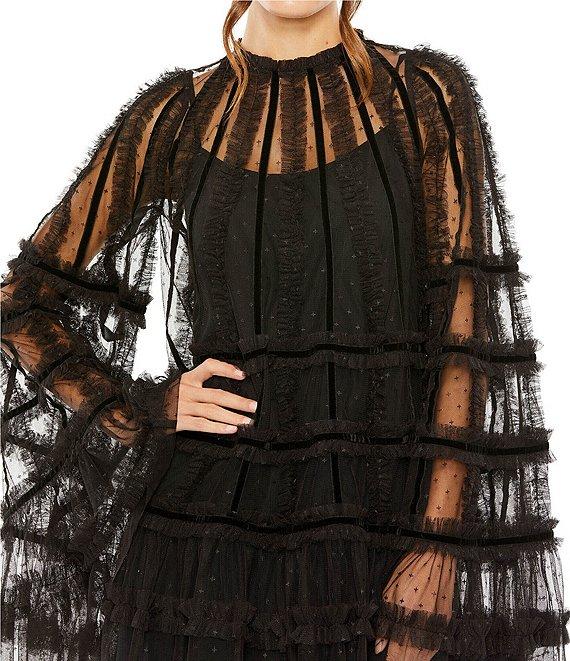 Mac Duggal Bell Sleeve High Neck Ruffled Trapeze Dress Product Image