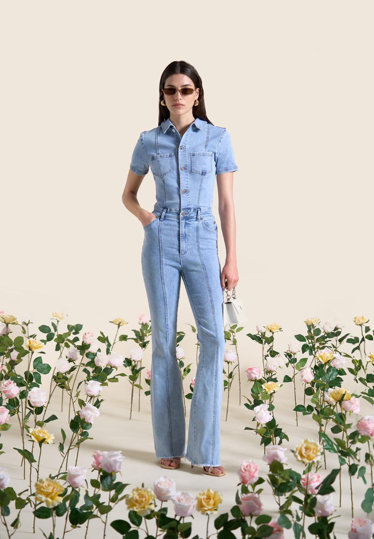 Violette - Mini Flared Denim Jumpsuit - Mid Blue Female Product Image
