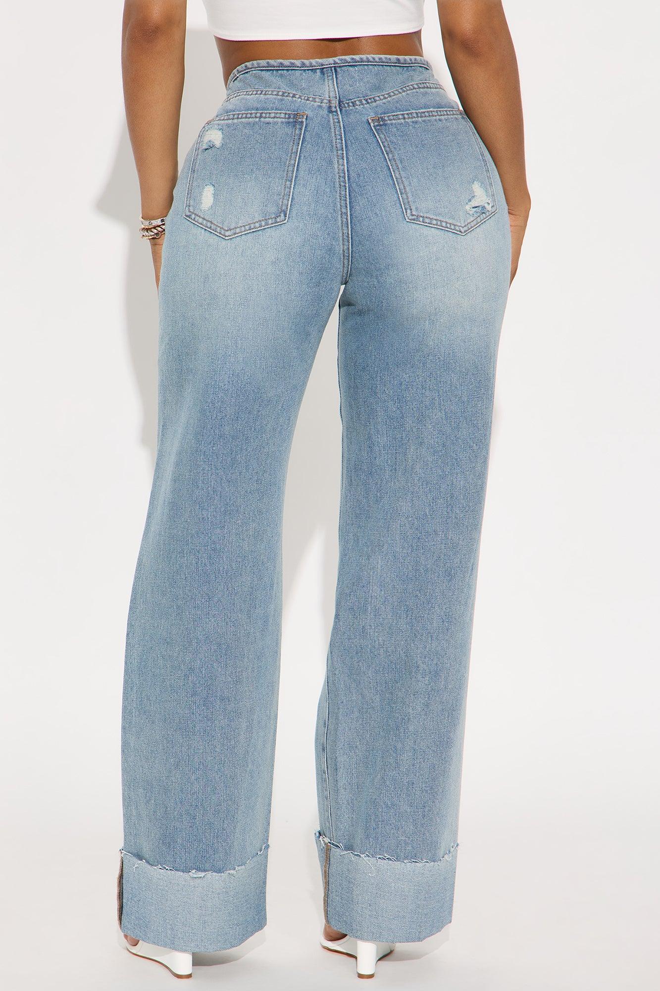 Model Status Destructed Cuffed Wide Leg Jeans - Light Wash Female Product Image