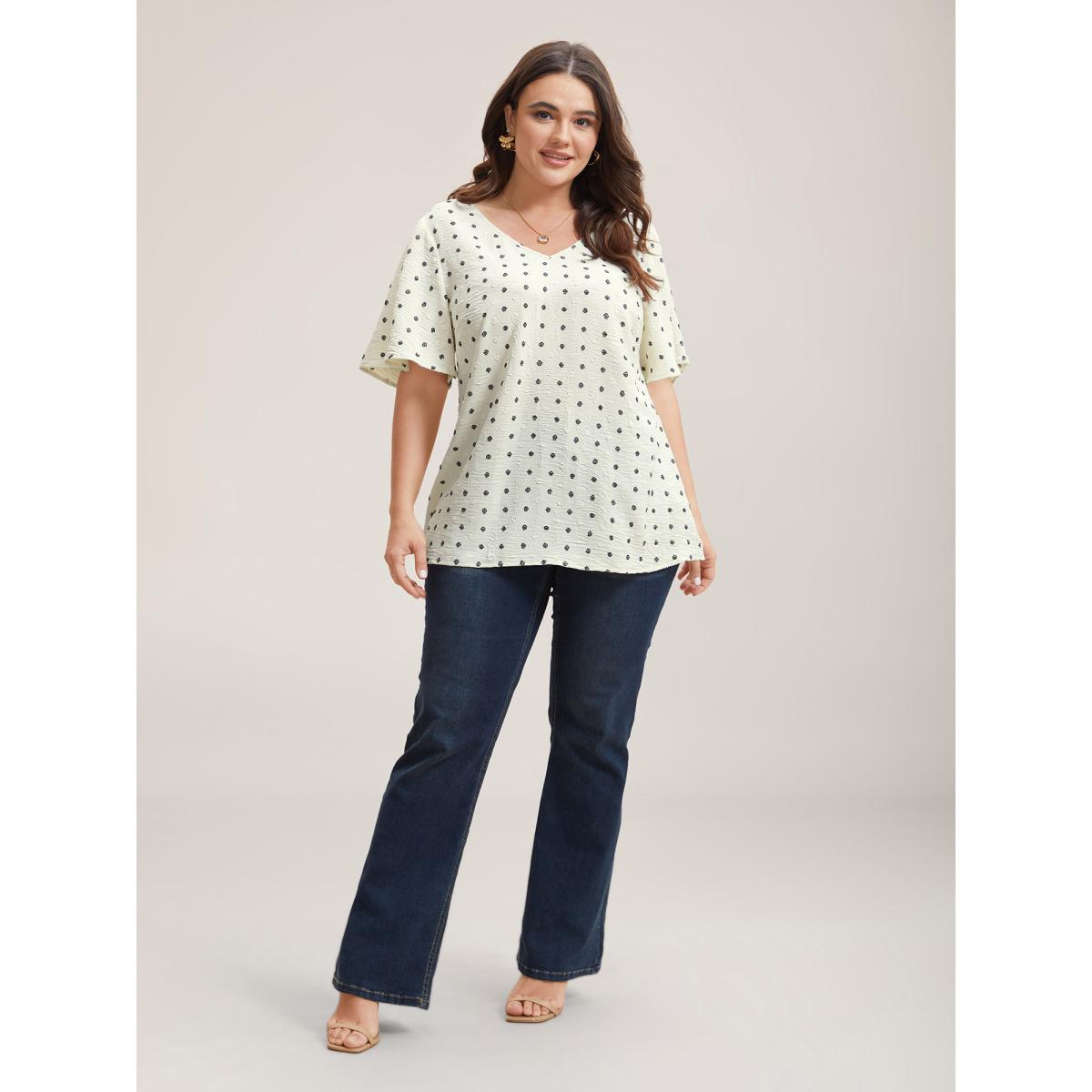 Plus Size Beige Textured Polka Dot Print Flared Sleeve Shirt Women Retro Short sleeve V-neck Elegant Blouses BloomChic 12/L Product Image