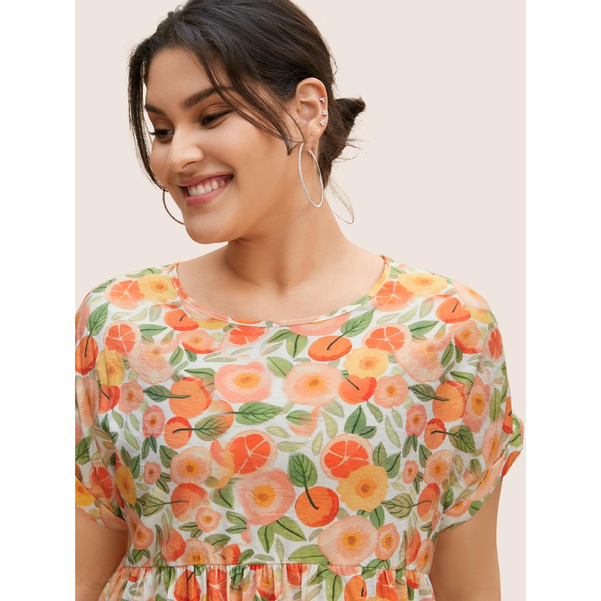 Plus Size Salmon Fruit Print Curved Hem Batwing Sleeve Blouse Women Leisure Cap Sleeve Round Neck Casual Blouses BloomChic 10/M Product Image