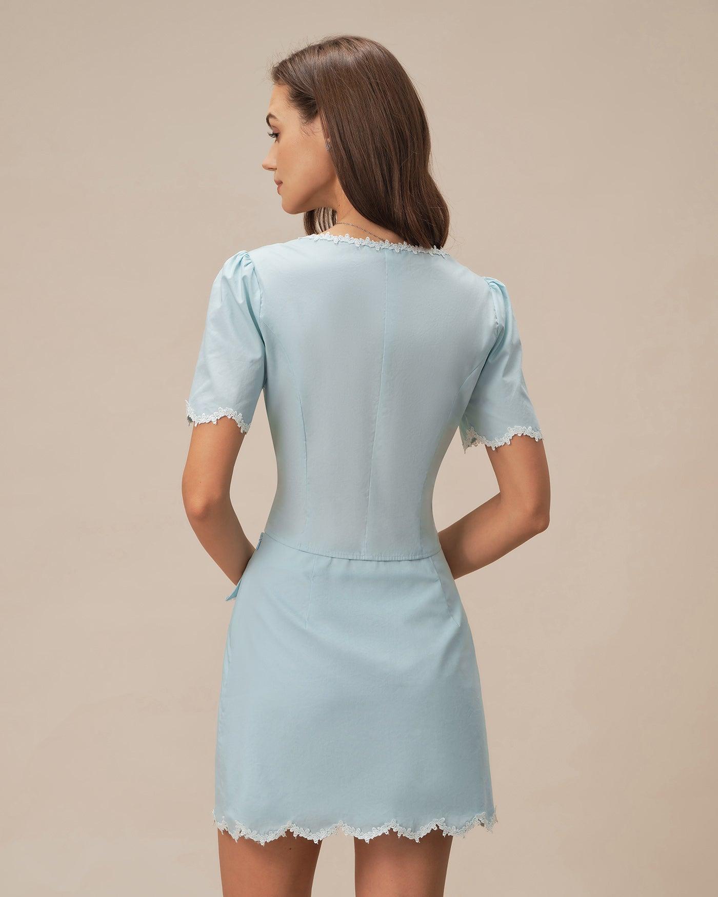 Light Blue Lace Button Square Neck Shirt Product Image