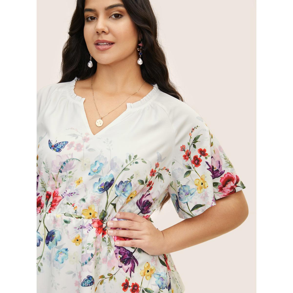 Plus Size Multicolor Floral Flat Collar With V Notch Frill Trim Blouse Women Timeless Short sleeve Flat collar with V-notch Elegant Blouses BloomChic 22-24/3X Product Image