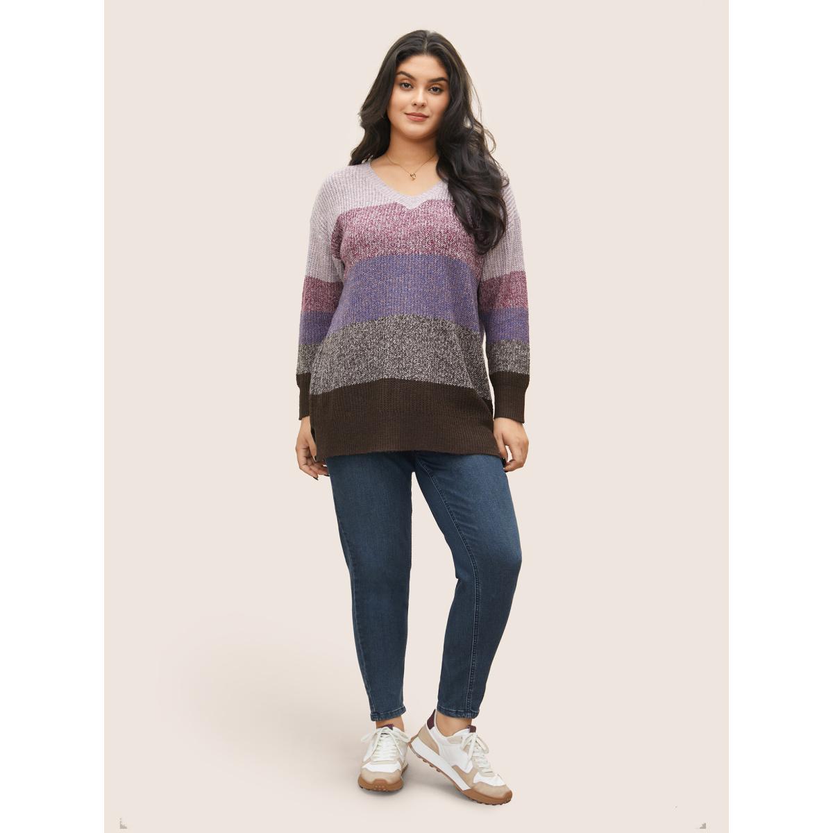 Plus Size Heather Colorblock V Neck Split Hem Pullover Purple Women Casual Loose Long Sleeve V-neck Dailywear Pullovers BloomChic 10/M Product Image