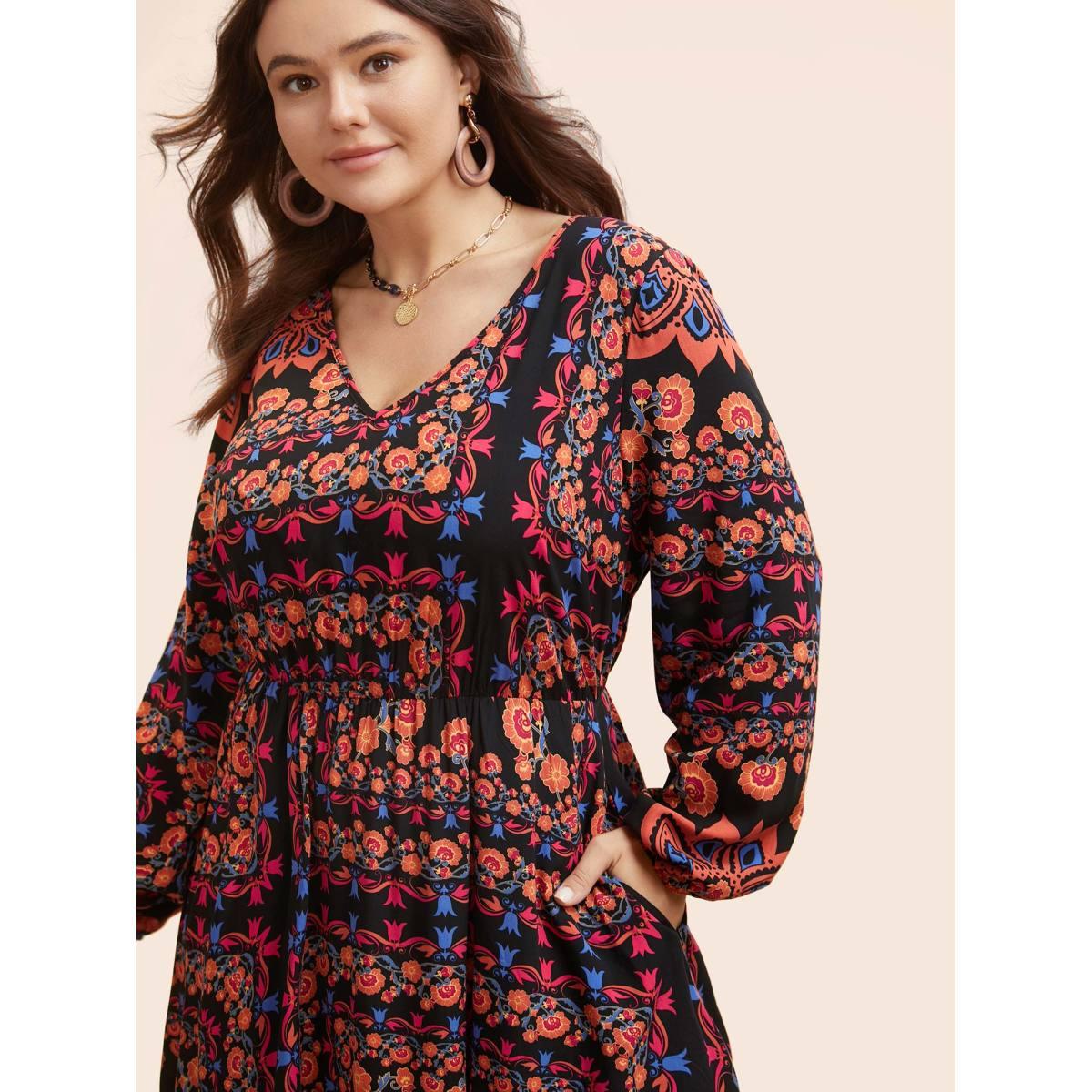 Plus Size Bandana Lantern Sleeve Midi Dress Black Women Resort Gathered V-neck Long Sleeve Curvy BloomChic 28/5X Product Image