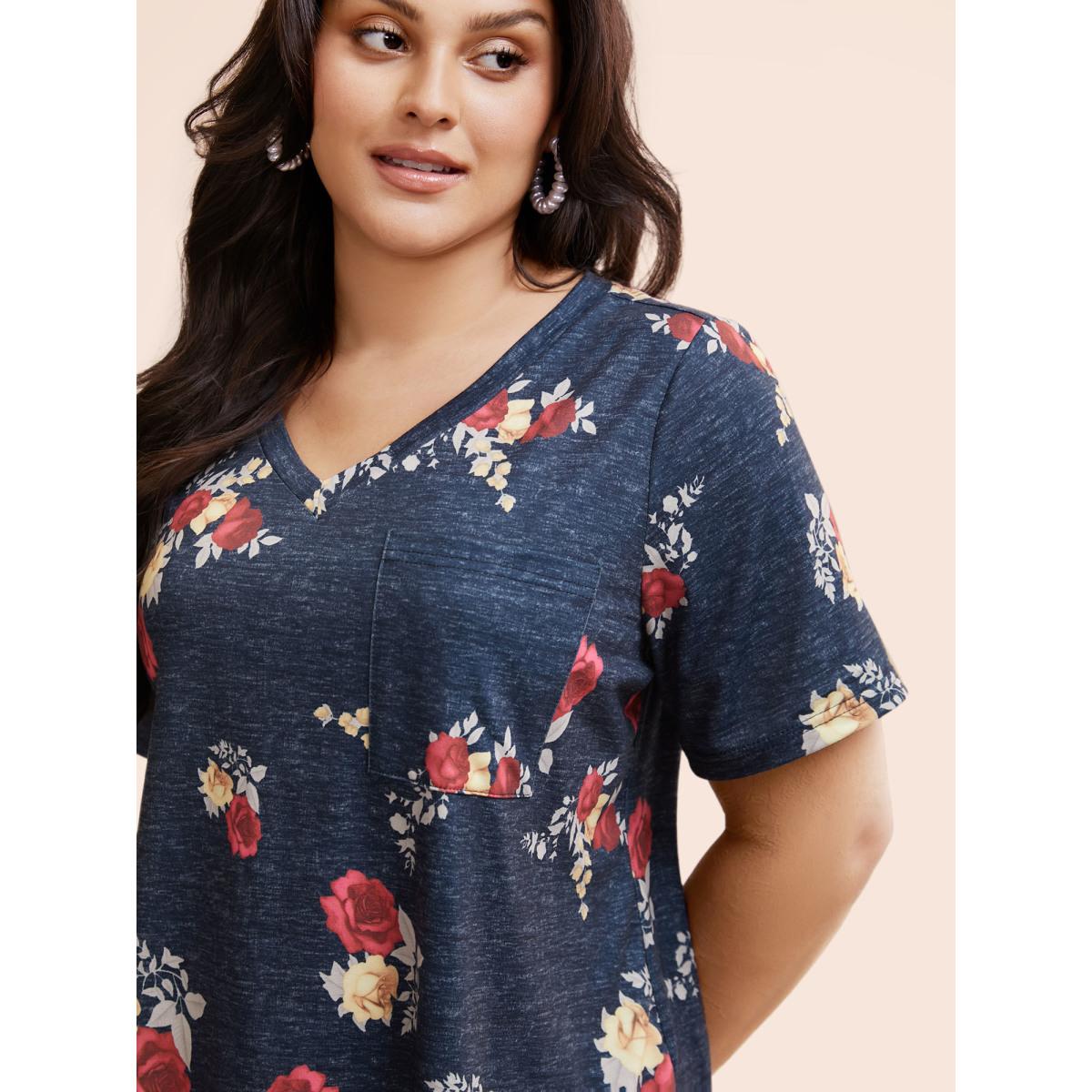 Plus Size Floral Print Heather Patched Pocket T-shirt Multicolor Women Elegant Printed Floral V-neck Dailywear T-shirts BloomChic 18-20/2X Product Image