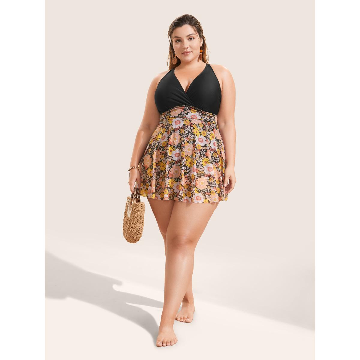 Plus Size Natural Flowers Patchwork Mesh Gathered Swim Dress Women's Swimwear Multicolor Beach Bodycon V-neck High stretch Curve Swim Dresses BloomChic 22-24/3X Product Image