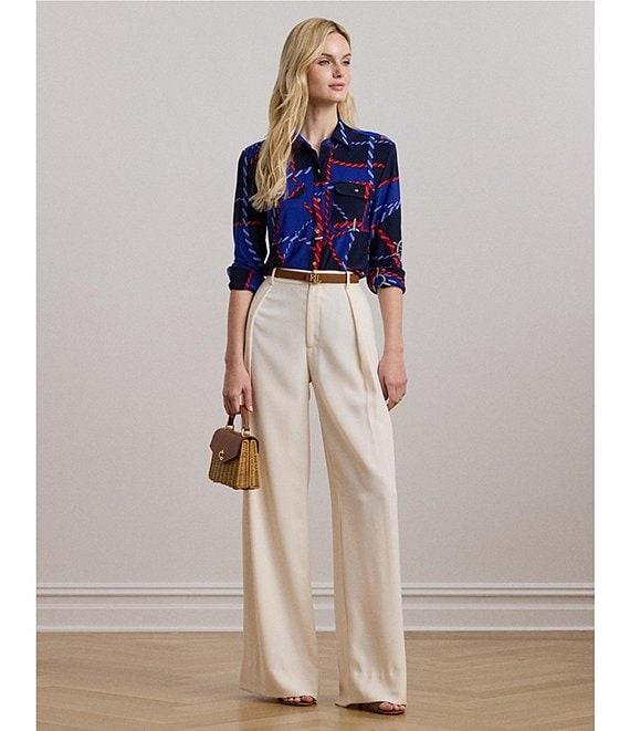 Lauren Ralph Lauren Jersey Knit Rope Print Point Collar Long Sleeve Button Front Shirt Product Image