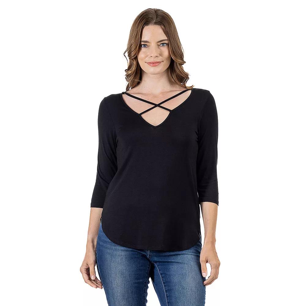 Women's 24Seven Comfort Apparel Criss Cross Round Hemline Tunic Top,  Product Image