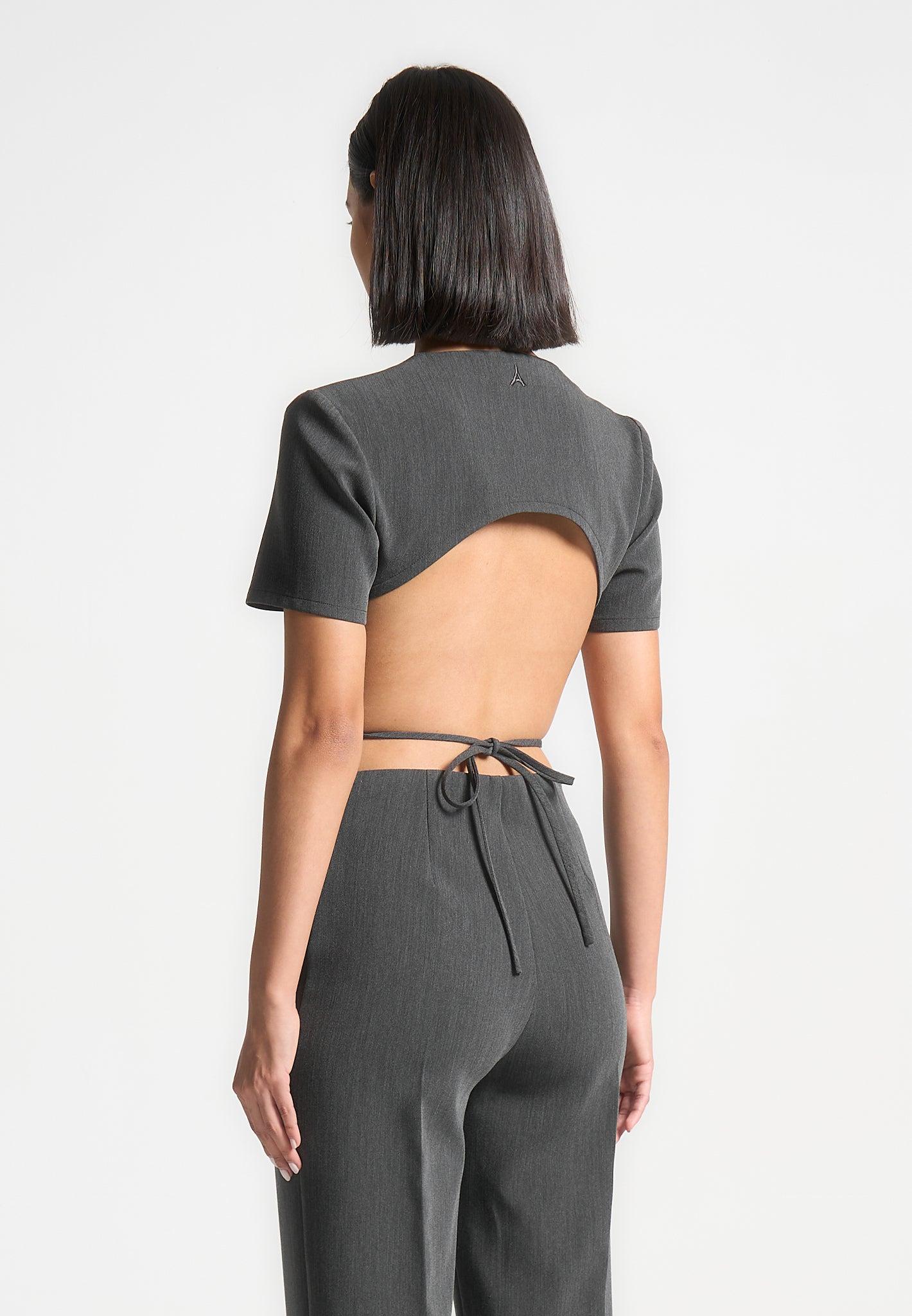 Curved Hem Backless Top with Tie - Dark Grey Female Product Image