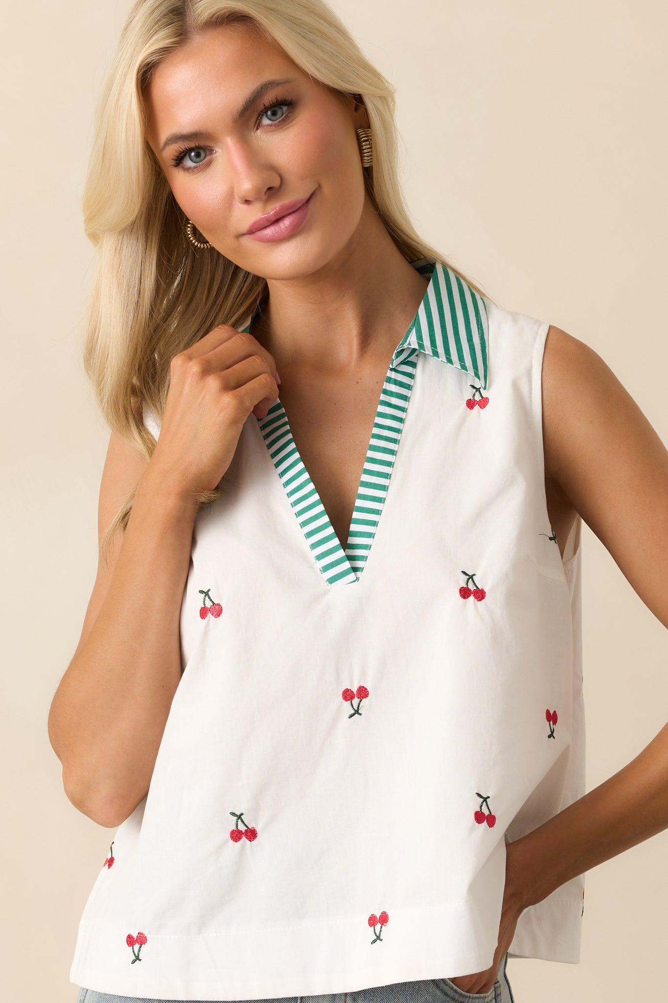 Summer Breeze Cotton Ivory Cherry Sleeveless Blouse Product Image