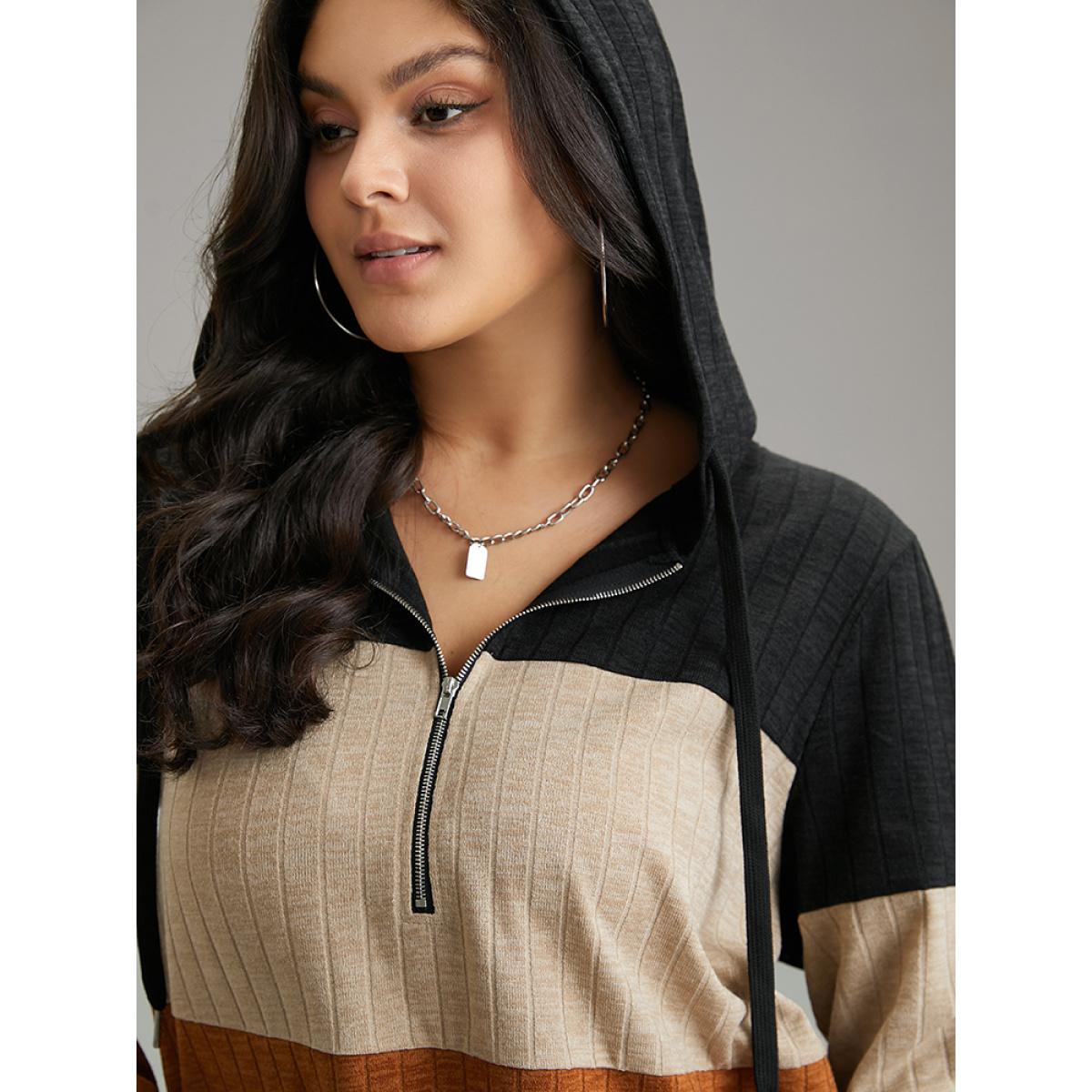 Plus Size Rib Knit Colorblock Contrast Half Zip Hooded Sweatshirt Women Black Casual Texture Hooded Dailywear Sweatshirts BloomChic 12/L Product Image