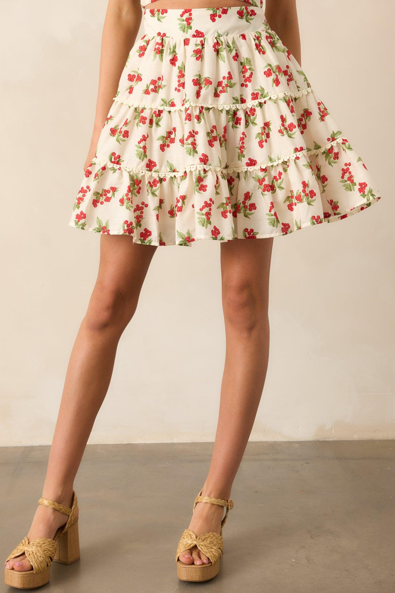 Take The Lead Ivory Floral Berry Tiered Mini Skirt Product Image