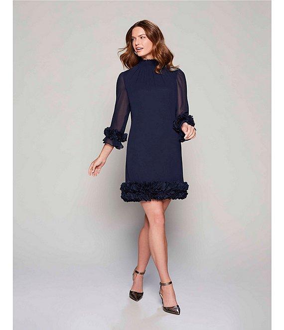 Alex Marie Amelia Smocked Turtleneck Floral Petal Detail Illusion Ruffle Trim 3/4 Sleeve Chiffon Dress Product Image
