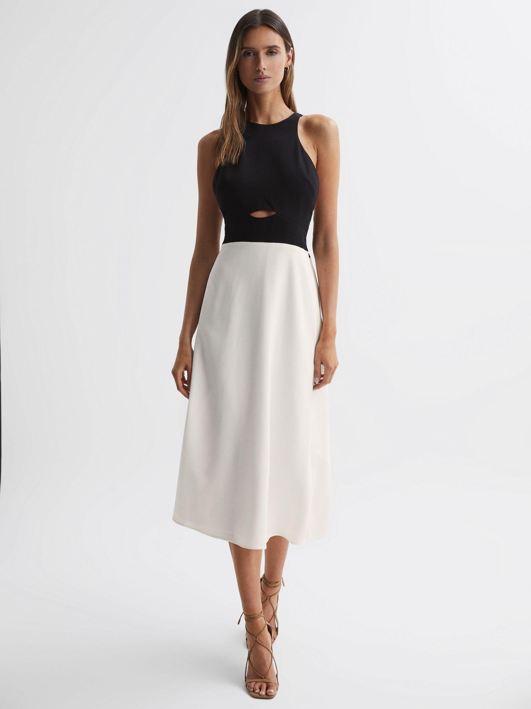 Halter Neck Cut Out Midi Dress in Black/White Product Image