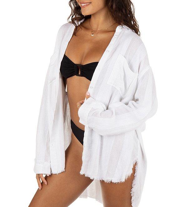 Hurley Stripe Gauze Point Collar Long Sleeve Button Front Swim Cover-Up Shirt Product Image