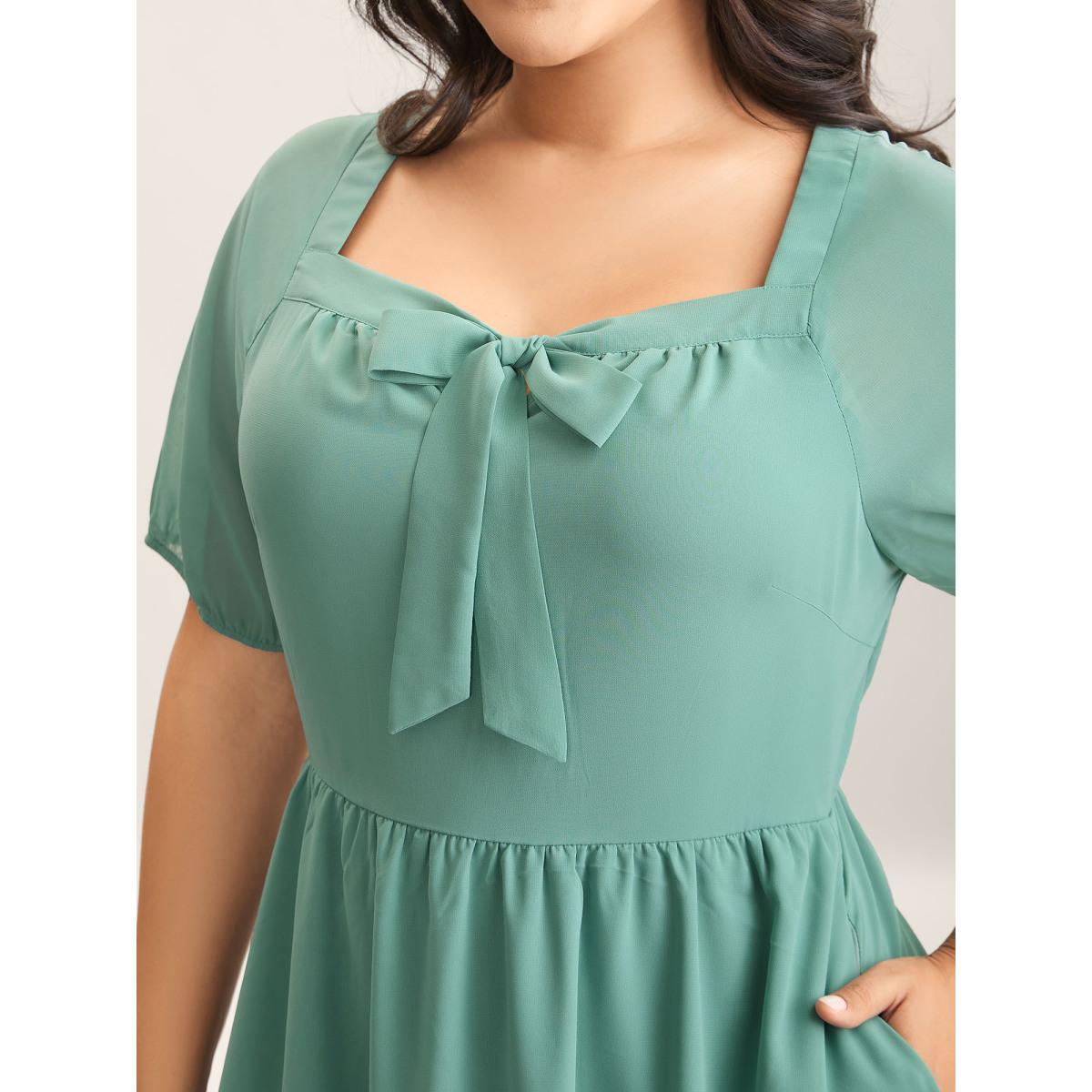 Plus Size Chiffon Ribbon Collar Waist-Cinched Dress Teal Women Square Neck Short sleeve Curvy BloomChic 18-20/2X Product Image