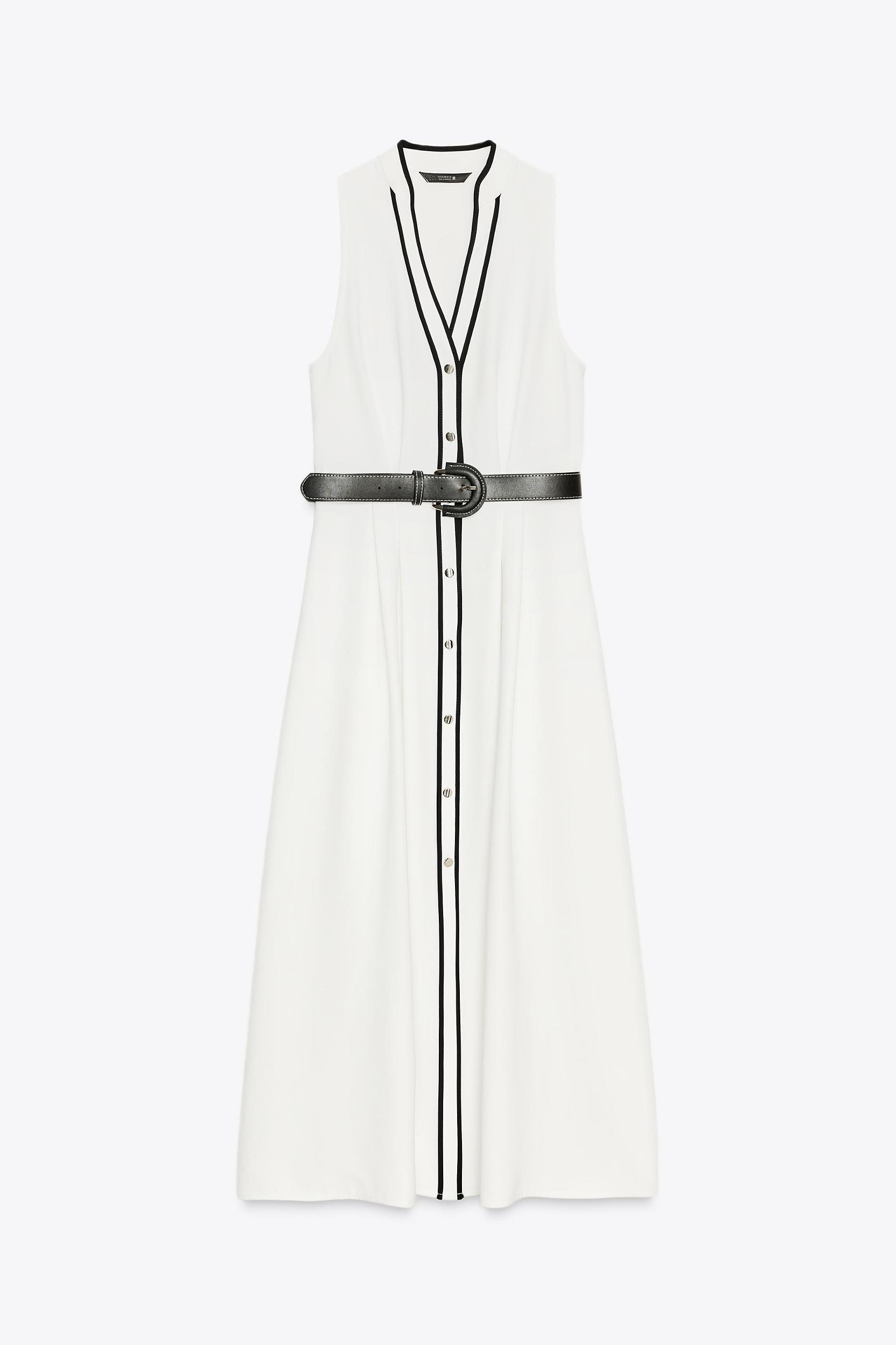 BELTED CONTRAST TRIM MIDI DRESS Product Image