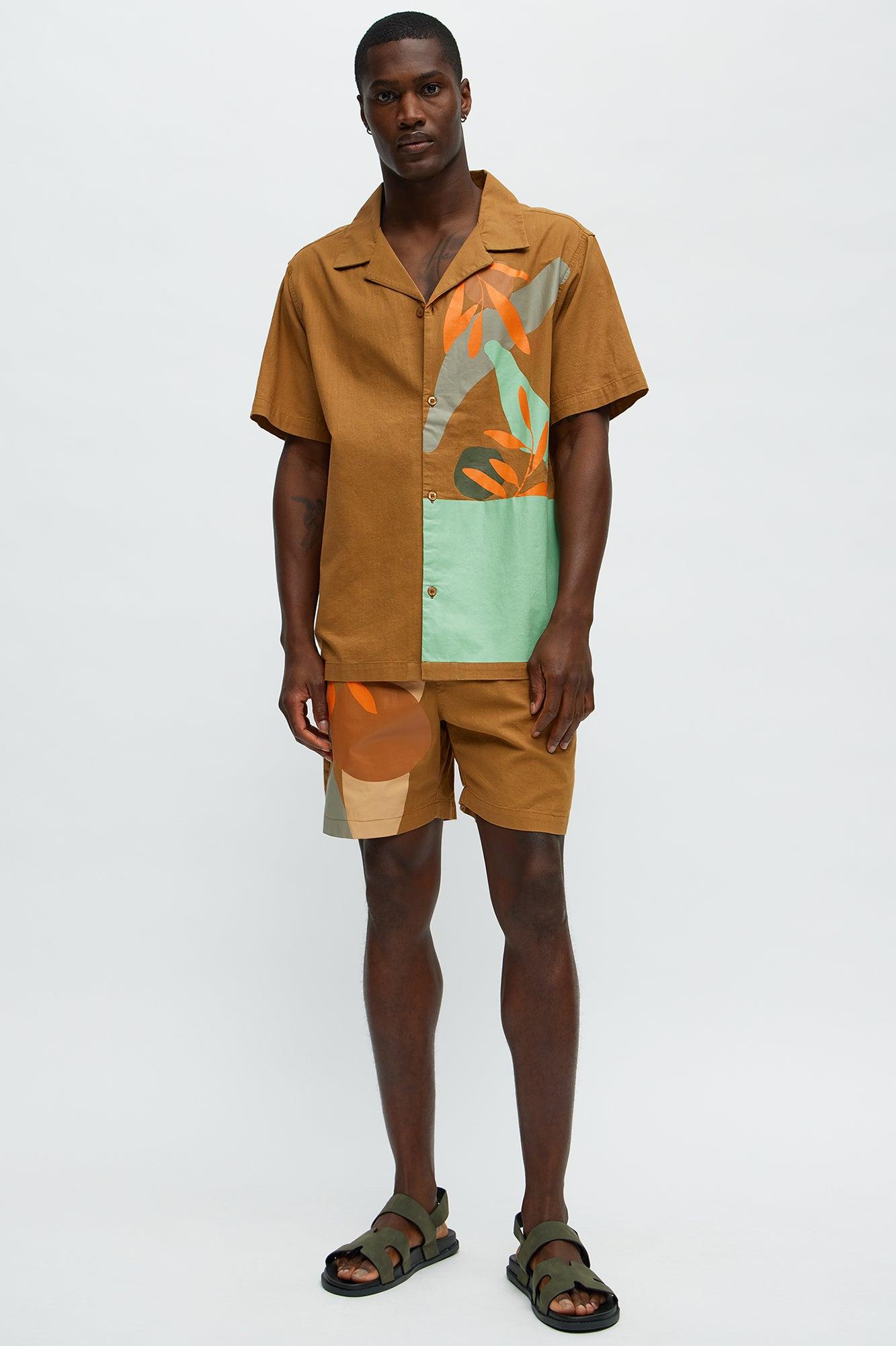 Brown Floral Short Sleeve Button Up Shirt  - Brown Product Image