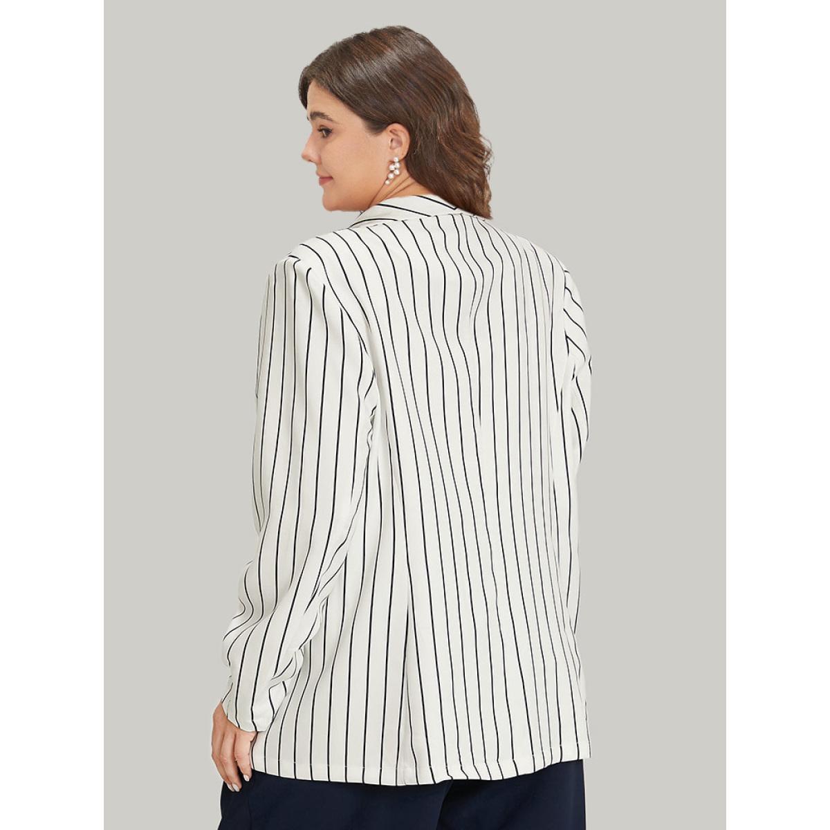 Plus Size Striped Pocket Gathered Lapel Collar Blazer White Women Work Striped Gathered Sleeve Long Sleeve Lapel Collar 18-20/2X Pocket Office Blazers BloomChic Product Image