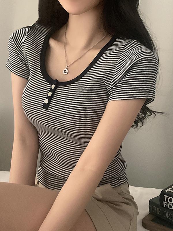 Vintage Striped Three Button Short Sleeves Product Image