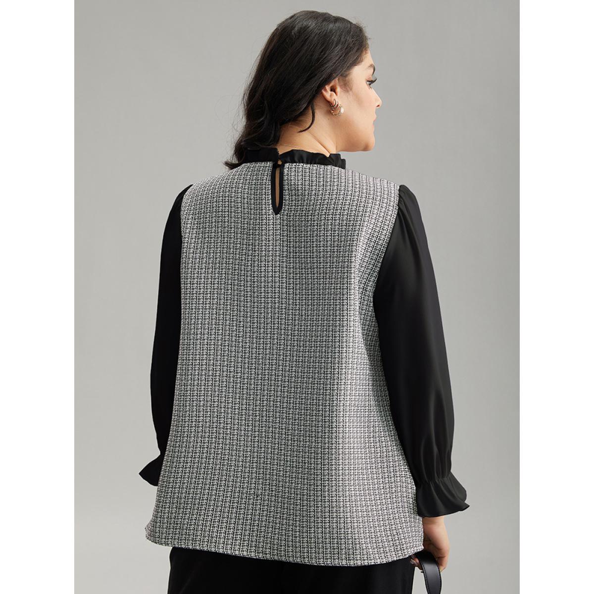 Plus Size Black Gingham Ruffles Patchwork Frill Trim Blouse Women Office Long Sleeve Stand-up collar Work Blouses BloomChic 18-20/2X Product Image