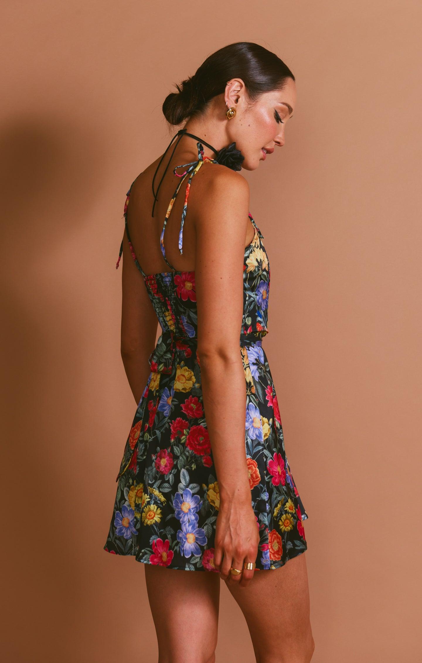 Julie Mini Dress ~ Charm Peony Black Luxe Satin Product Image