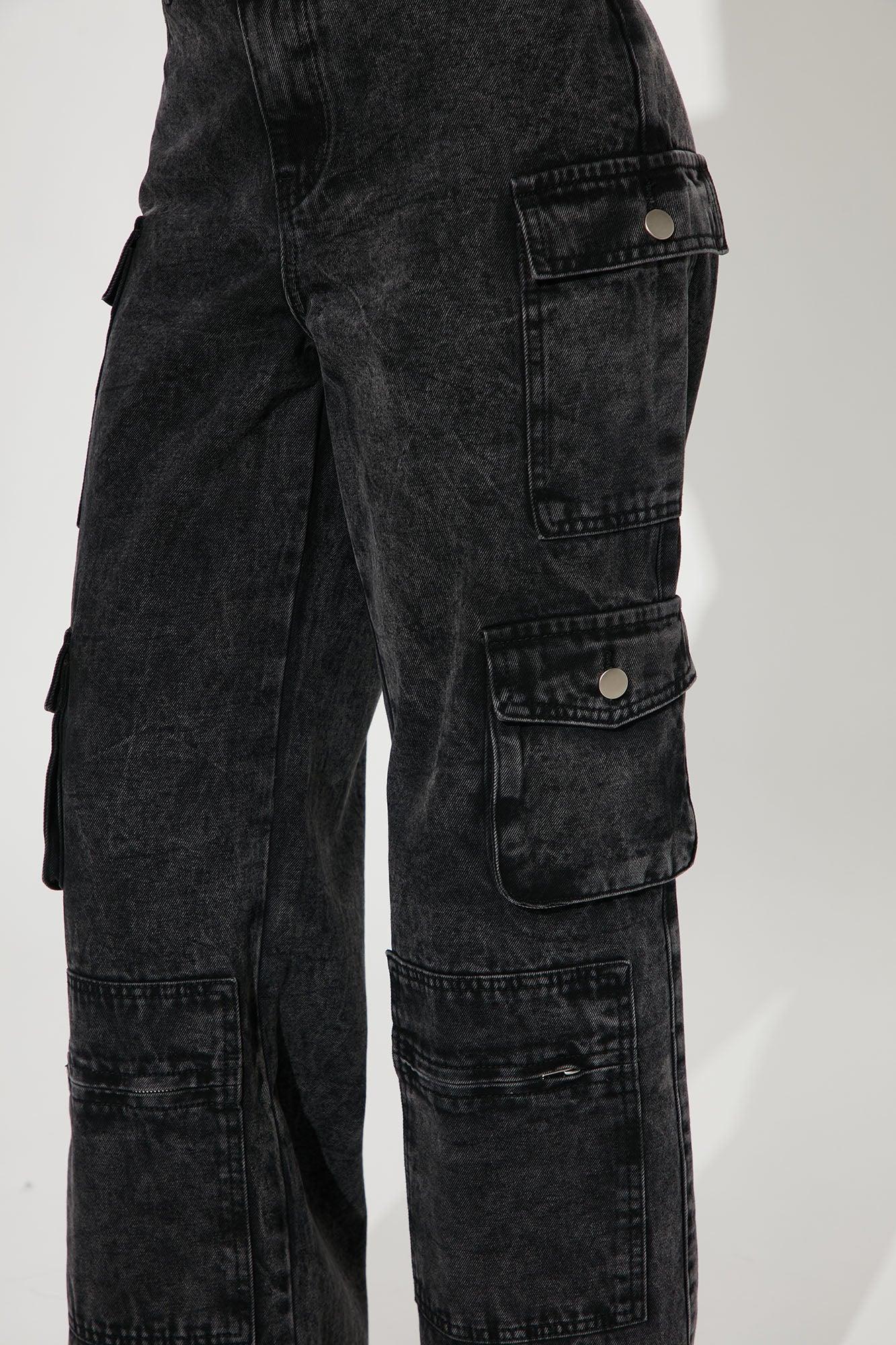 Petite Mad For You Cargo Jeans - Acid Wash Black Product Image