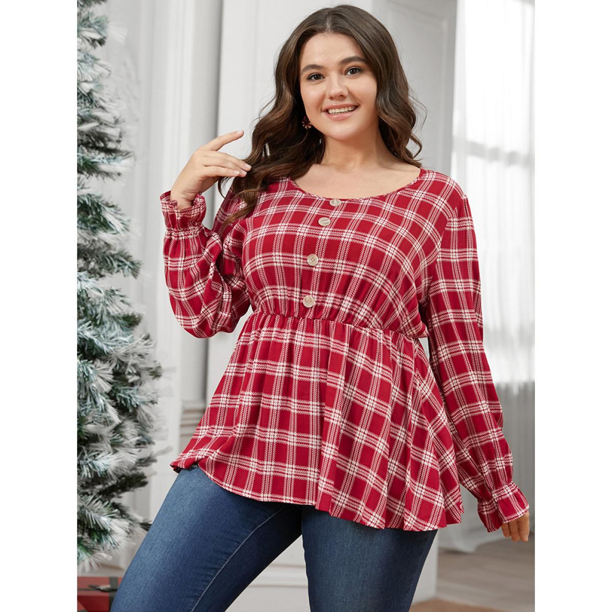 Plus Size Raspberry Tartan Button Detail Lantern Sleeve Blouse Women Elegant Long Sleeve V-neck Dailywear Blouses BloomChic 26/4X Product Image