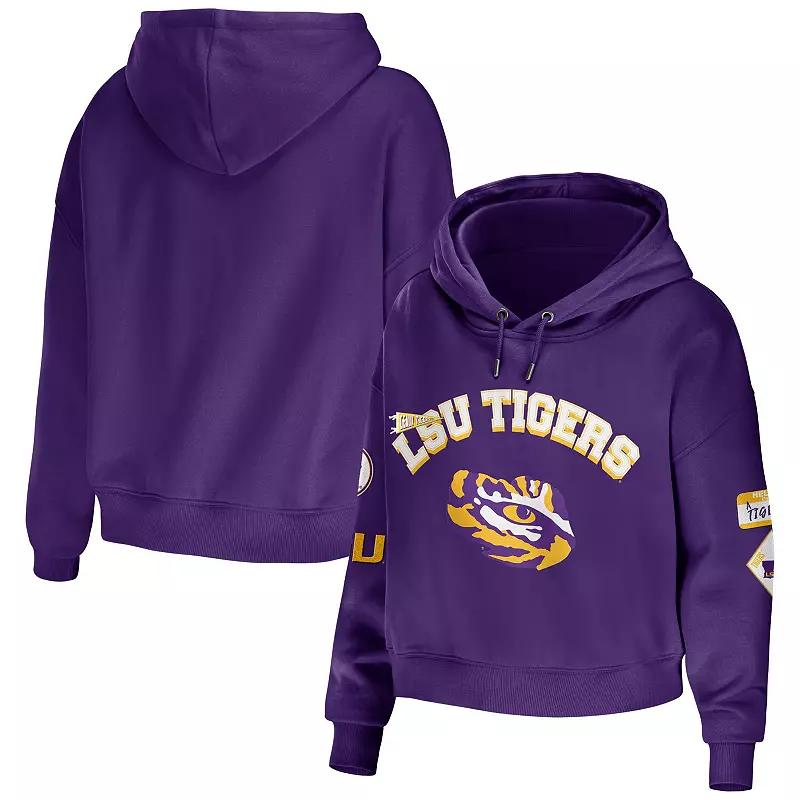 Women's WEAR by Erin Andrews Purple LSU Tigers Mixed Media Cropped Pullover Hoodie,  Product Image