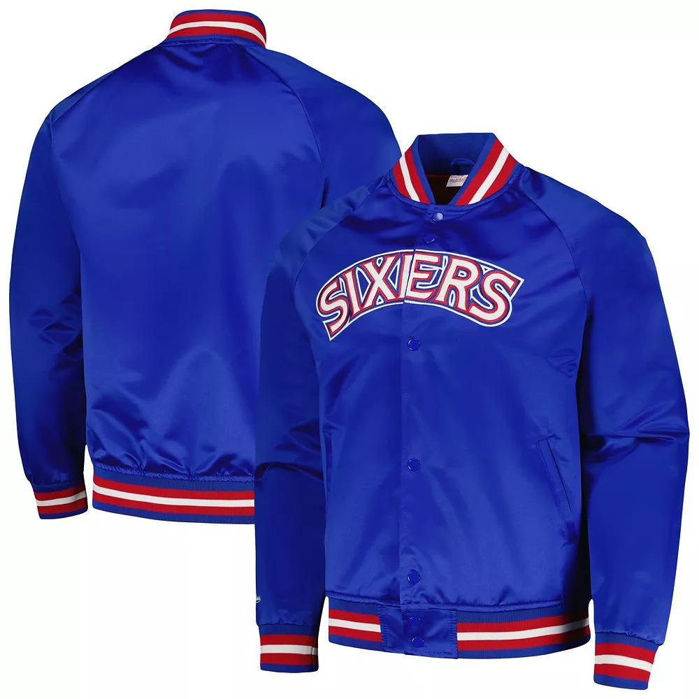 Men's Mitchell & Ness Royal Philadelphia 76ers Hardwood Classics Throwback Wordmark Raglan Full-Snap Jacket,  Product Image