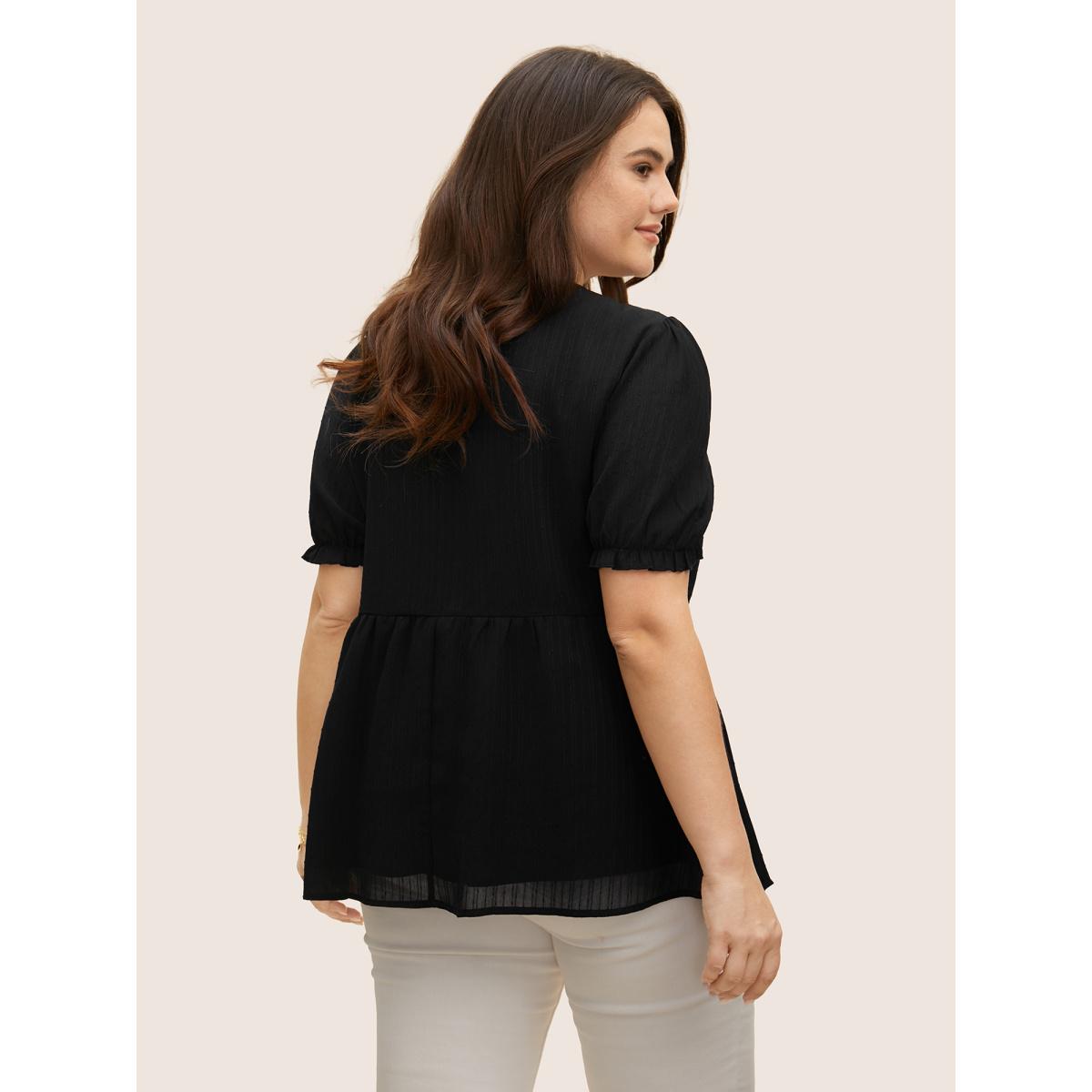 Plus Size Black Lace Panel Knot Neck Lantern Sleeve Blouse Women Elegant Short sleeve V-neck Everyday Blouses BloomChic 10/M Product Image