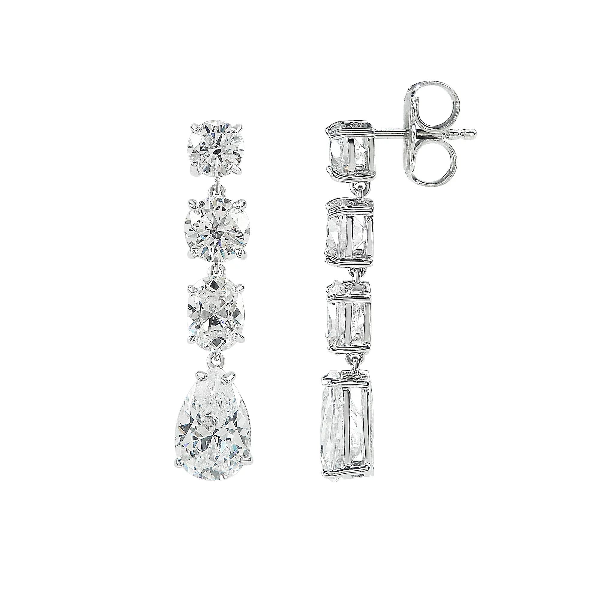 SIRI Rhodium-Plated Sterling Silver Graduated Four-Stone Drop Earring with Round and Pear White Cubic Zirconia, Women's Product Image