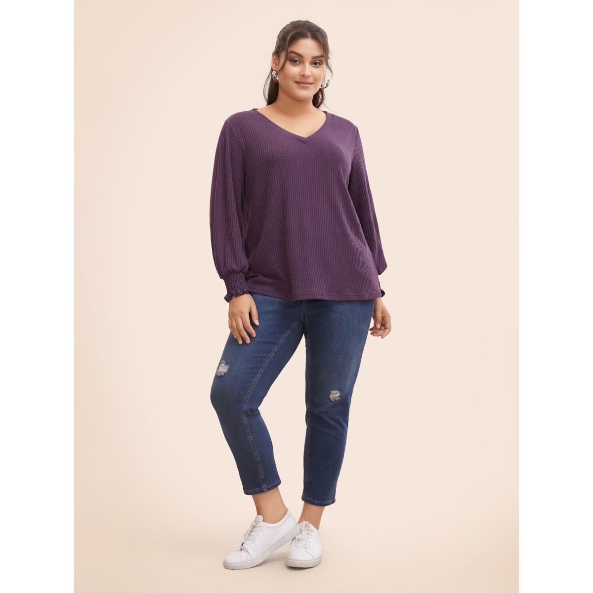 Plus Size Solid Rib Knit Lantern Sleeve Shirred T-shirt Mauve Women Casual Texture V-neck Everyday T-shirts BloomChic 18-20/2X Product Image