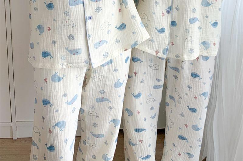 Couple Matching Pajama Set: Long-Sleeve Whale Print Top + Pants Product Image