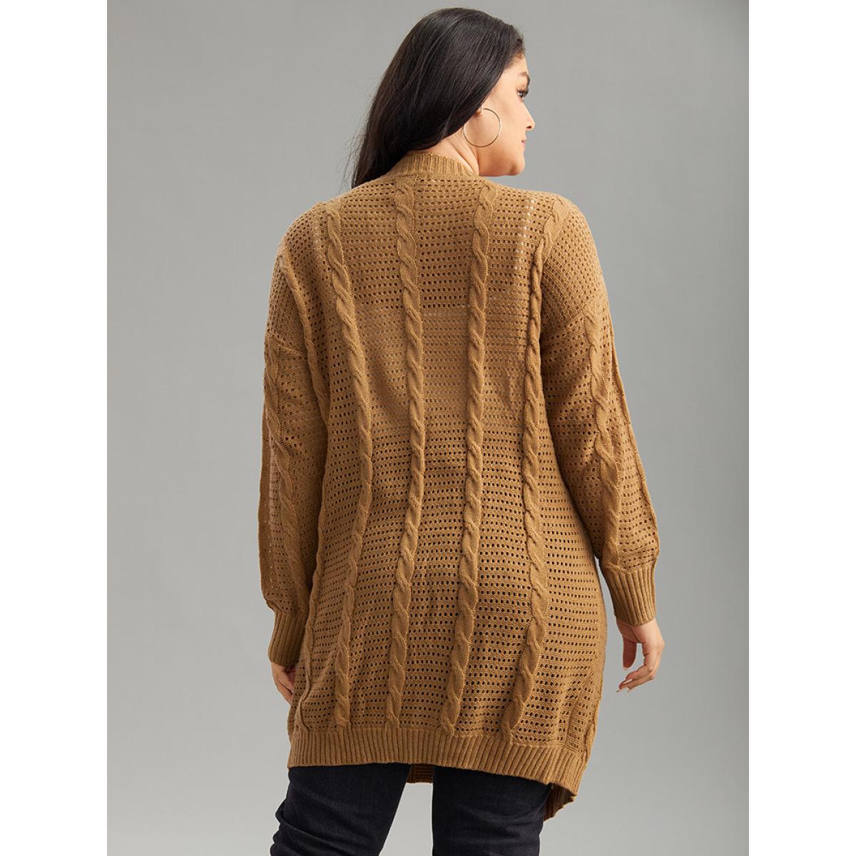 Plus Size Plain Cable Knit Elastic Cuffs Cardigan Bronze Women Casual Loose Long Sleeve Dailywear Cardigans BloomChic 30/6X Product Image