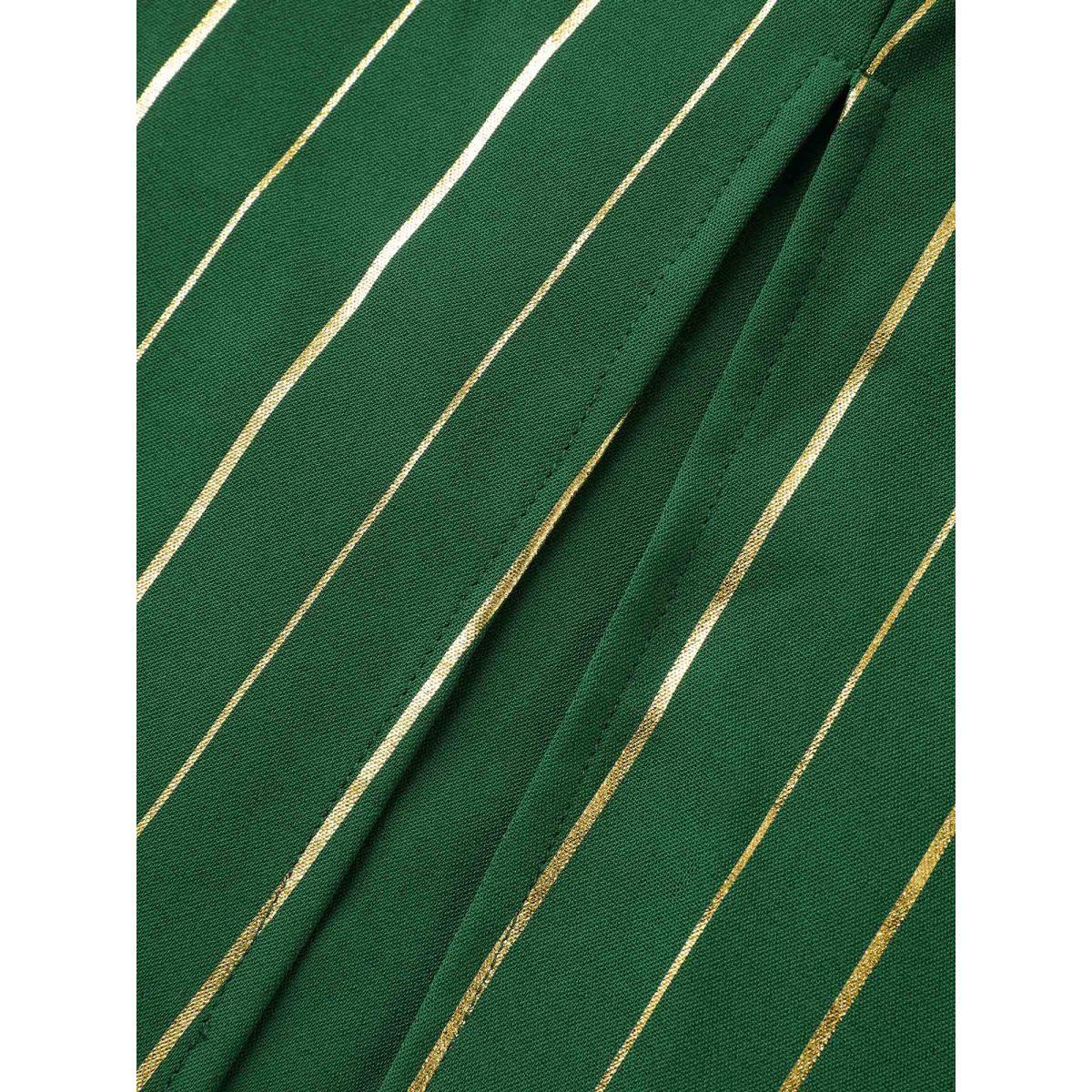 Plus Size Gold Shimmery Stripes Pockets Midi Dress DarkGreen Women Party&Cocktail V-neck Short sleeve Curvy BloomChic 12/L Product Image
