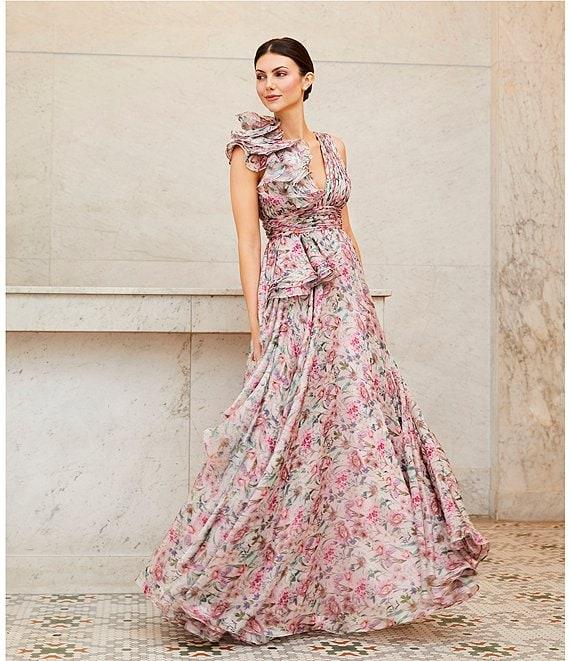 Mac Duggal Chiffon Floral Print V Neck Sleeveless Ruffle A-Line Gown Product Image